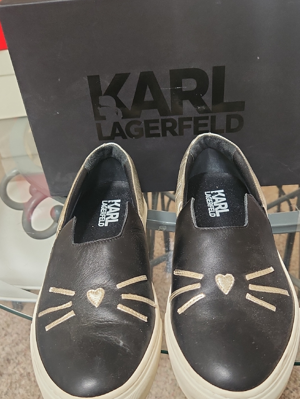 Karl Lagerfeld Paris Black Leather Slip-On Sneakers with Gold Cat Accents